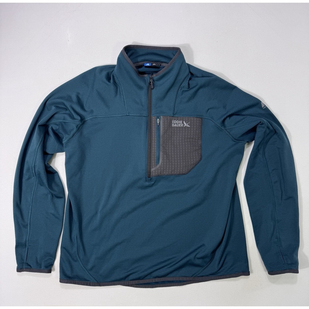 Eddie Bauer First Ascent Men's Large Blue 1/4 Zip Grid Fleece Pullover Outdoor